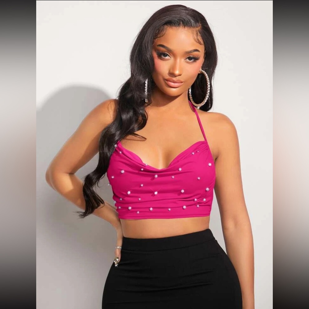 SHEIN SXY Pearls Beaded Draped Collar Tie Backless Crop Halter Top